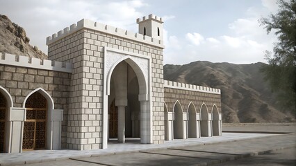 Architectural rendering of a stone building with arches and a tower near mountains