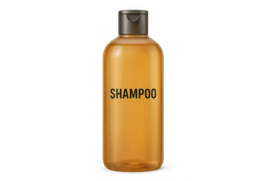 Translucent plastic shampoo bottle, brown flip-top cap, isolated on transparent background, awaiting product branding