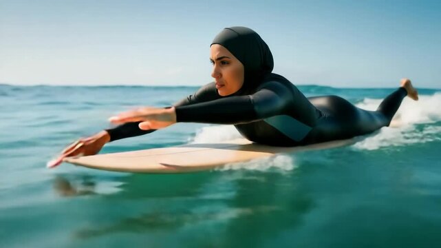 A Muslim woman in a sporty black-and-teal burkini is lying face-down on a surfboard, paddling with strong arms across turquoise ocean water, focused expression.