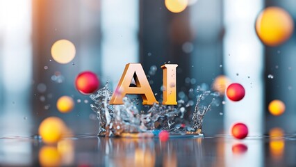 Golden ai letters splashing in water with floating spheres in a blurred background