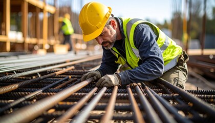 A construction worker in a yellow hard hat and safety vest bends over steel rebar on-site. The image captures focus, precision, and the rugged reality of hands-on building work.