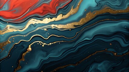 Abstract fluid art featuring teal, dark blue, red, and gold swirls and textures