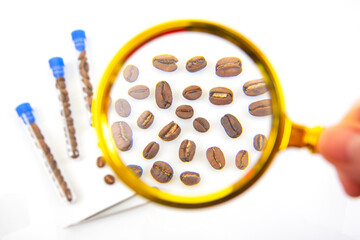 Laboratory research on coffee beans – Roasted coffee beans under a magnifying glass, with scientific tools such as test tubes and tweezers, representing quality testing and coffee analysis