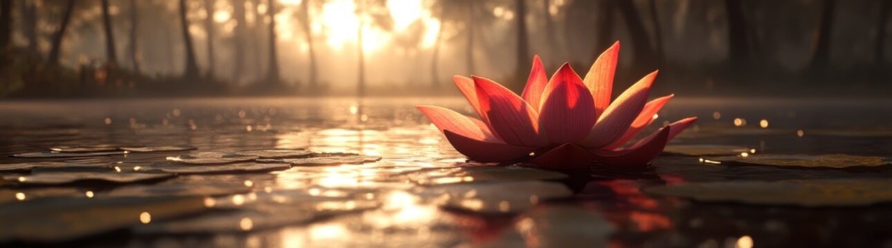 The serene sight of a red lotus in water at sunset evokes feelings of tranquility, creating a peaceful ambiance perfect for meditation and calm