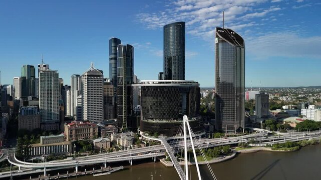 Brisbane CBD, Queensland, Australia: 4K Aerial Drone Footage of Modern City Skyline, Skyscrapers, The Neville Bonner Bridge, Brisbane River, Urban Infrastructure, Waterfront and Parklands