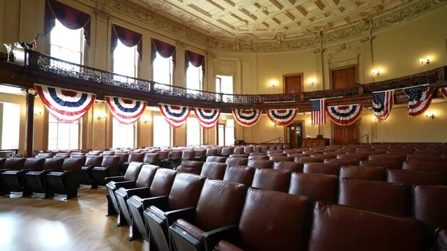 Interior view of a large auditorium with rows of seats and patriotic decorations