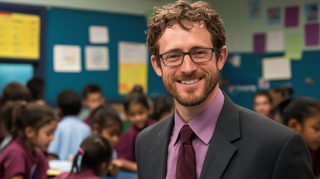 Smiling teacher classroom portrait, diverse students learning background, education