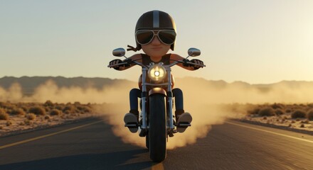 Naklejka premium Stylized motorcycle rider on a desert road, enveloped in a cloud of dust and adventure