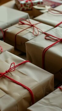 Gifts wrapped in plain paper and tied with red string, on a patterned surface, one being wrapped by a person, emphasizing eco-friendly and handmade holiday wrapping.