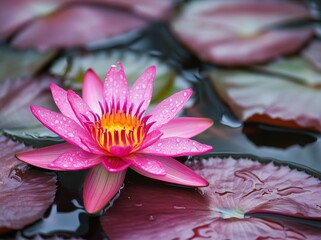 The image features a close-up of a pink lotus on calm water, encircled by a variety of green lily pads, with a sharp focus on the flower to highlight its central stamen and pistils