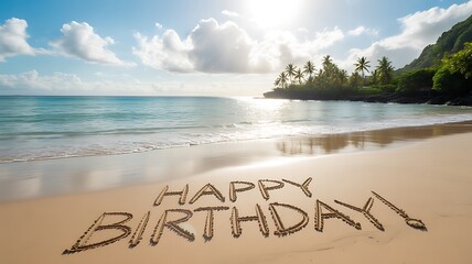 Tropical beach paradise with birthday message in sand ocean waves