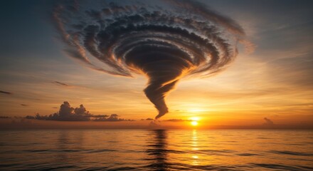 Dramatic vortex cloud formation over the ocean during a vibrant sunset landscape