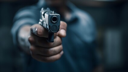Close-up of a hand holding a gun, pointing at the camera, with the focus on the weapon and hands