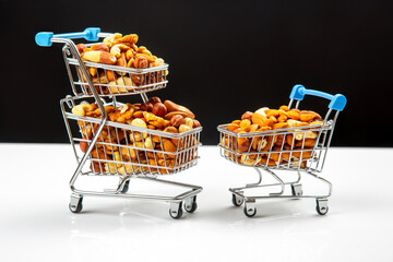 Various types of nuts in the grocery cart. Marketing sale of food products. Vitamin organic protein...
