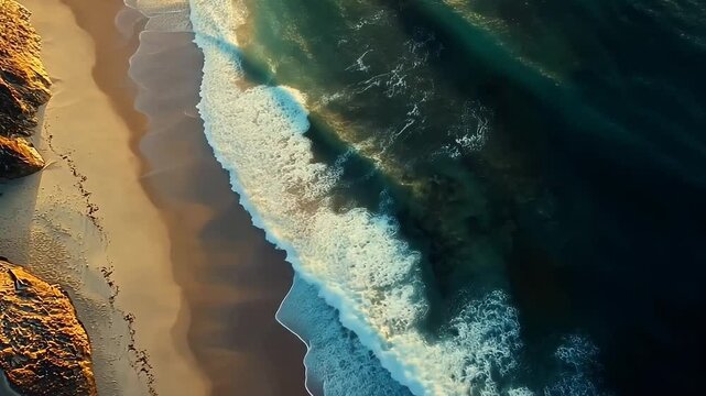 Aerial View Of Waves Crashing On Sandy Beach At Sunset