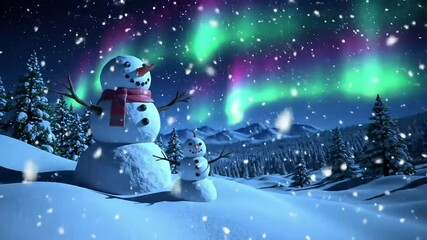 Snowmen bask under vibrant aurora borealis, surrounded by a snowy forest and gently falling snow on a cold winter night - Powered by Adobe