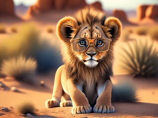 AI-generated portrait of a baby lion wearing eyeglasses. The image combines cuteness and whimsy, portraying the young lion with a charming and intelligent expression, perfect for creative projects,