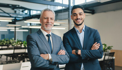 Vertical portrait of confident two businessman with crossed arms smiling at camera. 