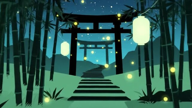 Japanese torii gate glowing lanterns at night symbolizing peace and spirituality

