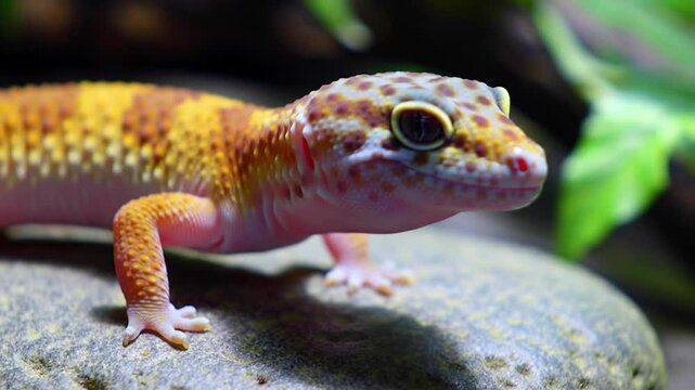 Gecko lizard on stone peeking forward in colorful tropical environment
