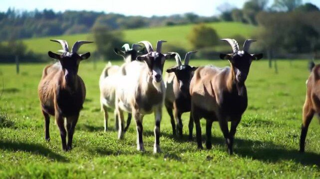 Herd of goats grazing in green pasture landscape
