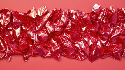 Wrinkled red foil on a matching background. Abstract christmas holiday wrap. Textured modern banner design.