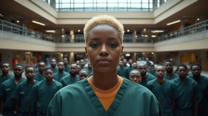 Woman inmate stares forward, prison atrium background, reform campaign