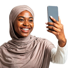 Happy African American Woman in Hijab Taking Selfie with Smartphone on Isolated transparent background