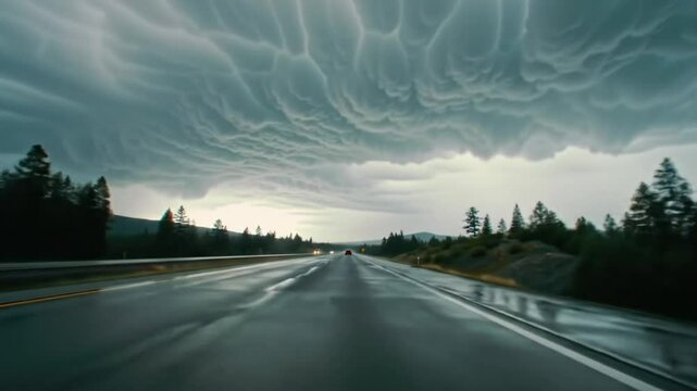 Ominous clouds forming dangerously above long empty highway
