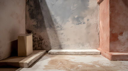 moodboard for choreographed routine | departure framed by domestic matter | evacuated memory | washed terracotta with void beige | frame-in-frame with absence | object tilted mid-gravity | delayed