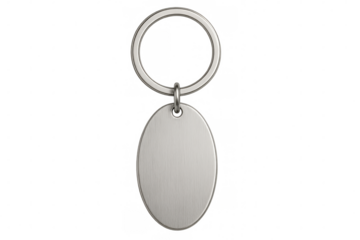 Metal keychain with oval shape hanging with transparent background, ideal for customization and mockups