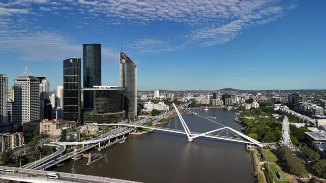 Brisbane CBD, Queensland, Australia: 4K Aerial Drone Footage of Modern City Skyline, Skyscrapers, The Neville Bonner Bridge, Brisbane River, Urban Infrastructure, Waterfront and Parklands