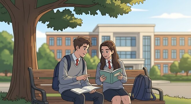 Students converse amicably on a park bench, under a tree, near their school building.
