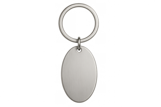 Metal keychain with oval shape hanging with transparent background, ideal for customization and mockups