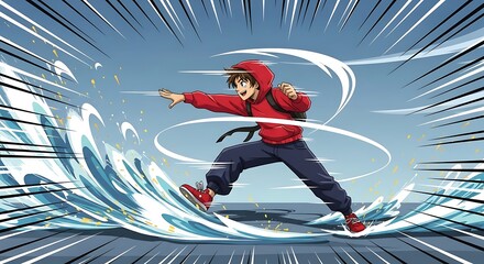 Fototapeta premium A young man in a red hoodie punches through water, creating a dynamic splash.