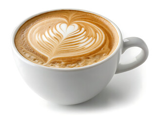 A close up of a white coffee cup filled with latte art on a white background in a studio shot