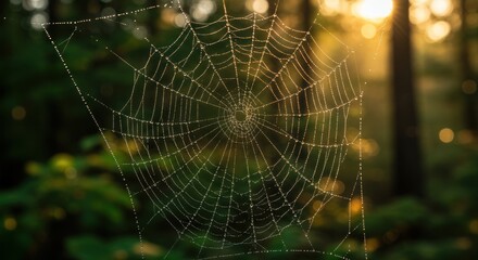 Naklejka premium Spiderweb adorned with shimmering water droplets, a testament to nature's artistry with sunlight