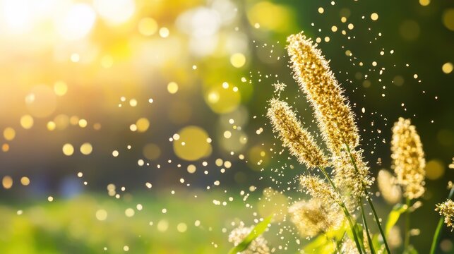 Golden grass pollen dispersing, sunny meadow, bokeh background, nature poster