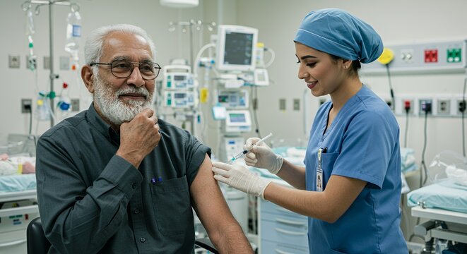 Senior man receives a vaccination from a healthcare professional in a modern medical facility. - Powered by Adobe