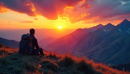 A lone backpack sits on a windswept hill overlooking a vast, dramatic landscape of mountains and valleys under a vibrant sunset Perfect for adventure, travel, and nature themes , backpack, sky