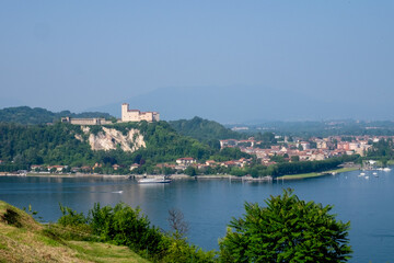 panorama of Lake Maggiore with the Rocca of Angera seen from Arona