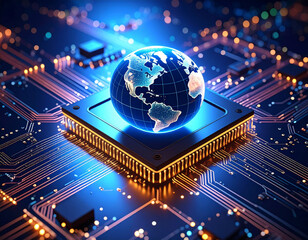 Digital globe on microchip circuit board