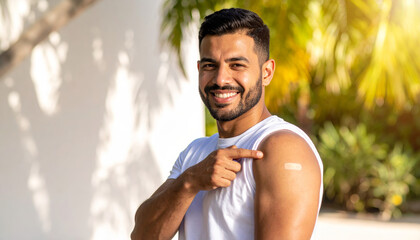 Smiling man showing vaccination bandage on arm