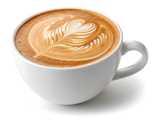 A close up of a white coffee cup filled with latte art on a white background in a studio setting