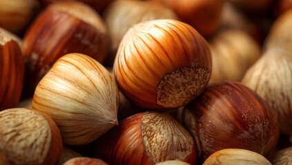 Obraz premium A close-up view of fresh hazelnuts in their shells, , showcasing their rich brown textures and patterns.