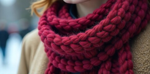 Cozy chunky knit winter scarf in rich burgundy, perfect for adding warmth and style to any winter outfit Soft texture, luxurious feel, ideal for cold weather , scarf, texture, soft