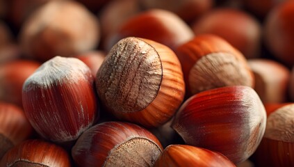 Obraz premium A close-up view of fresh hazelnuts in their shells, , showcasing their rich brown textures and patterns.