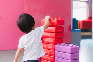 Rear back view. Asian little Boy having fun playing with colorful blocks indoors playground. Child...