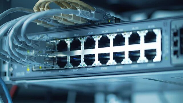Close-up view of network switch hub with Ethernet cables for data center connectivity
