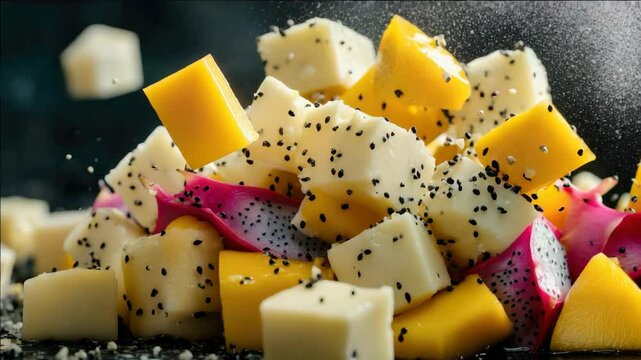 Pile of mixed fruits with poppy seeds sprinkled over them.